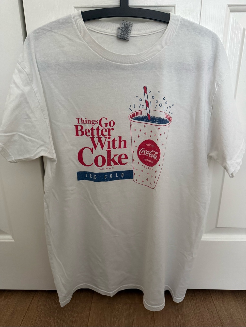 Gildan White Short Sleeve Tee with Red and Blue Coca-Cola Graphic